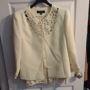 Elegant Cream Lace Blazer And Skirt Set